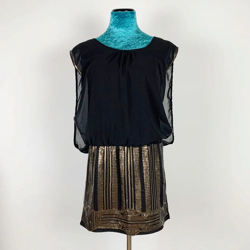 Francesca's Black Gold Sequin Drop Waist Dress - Picture 1 of 8